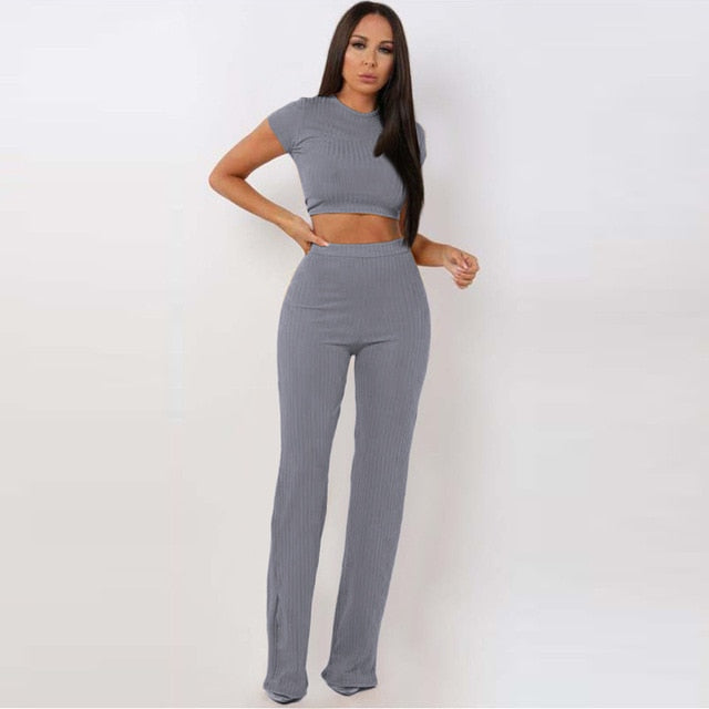 2 Two Piece O Neck Crop Top and Long Pants Set