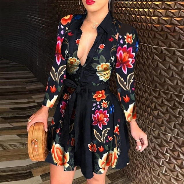 Elegant Chain Letter Print Shirt Dress