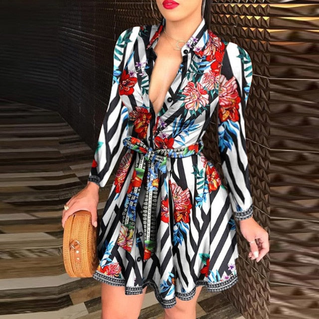 Elegant Chain Letter Print Shirt Dress