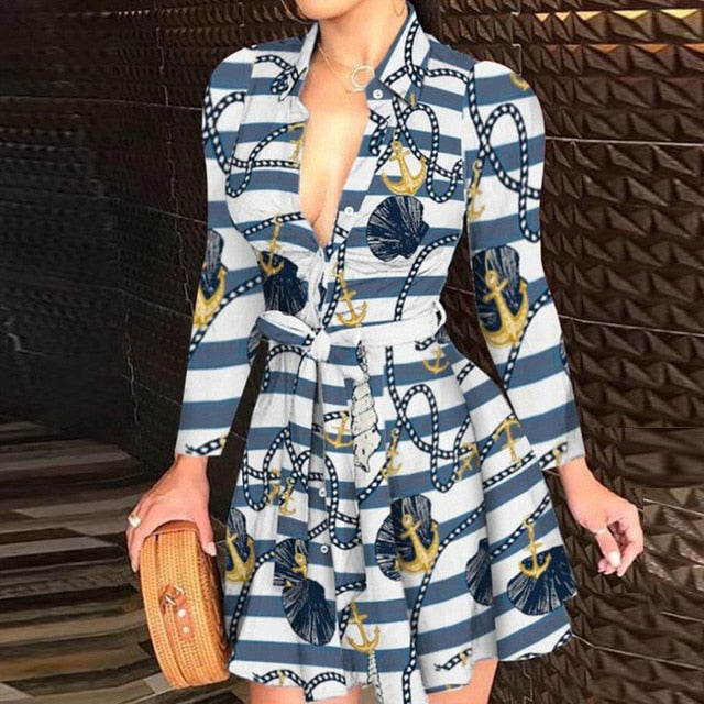 Elegant Chain Letter Print Shirt Dress