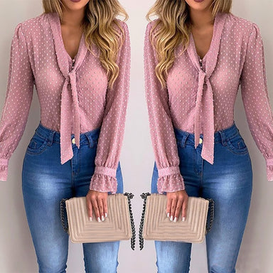 Elegant Chiffon Long Sleeve V-Neck Blouses