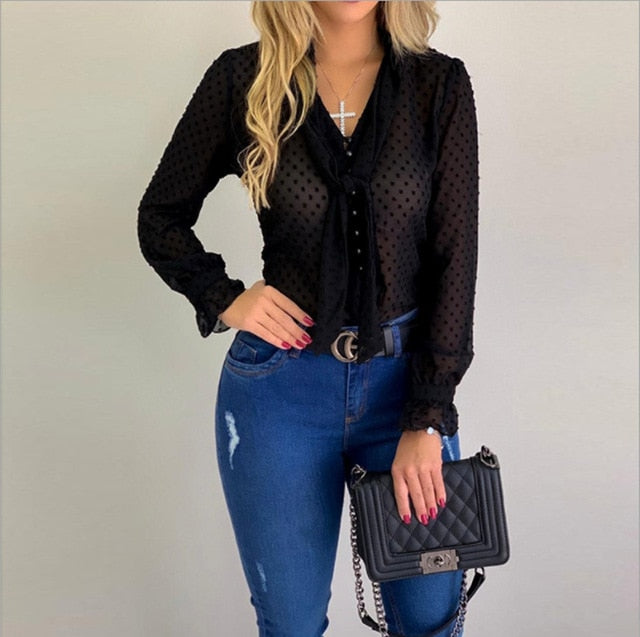 Elegant Chiffon Long Sleeve V-Neck Blouses