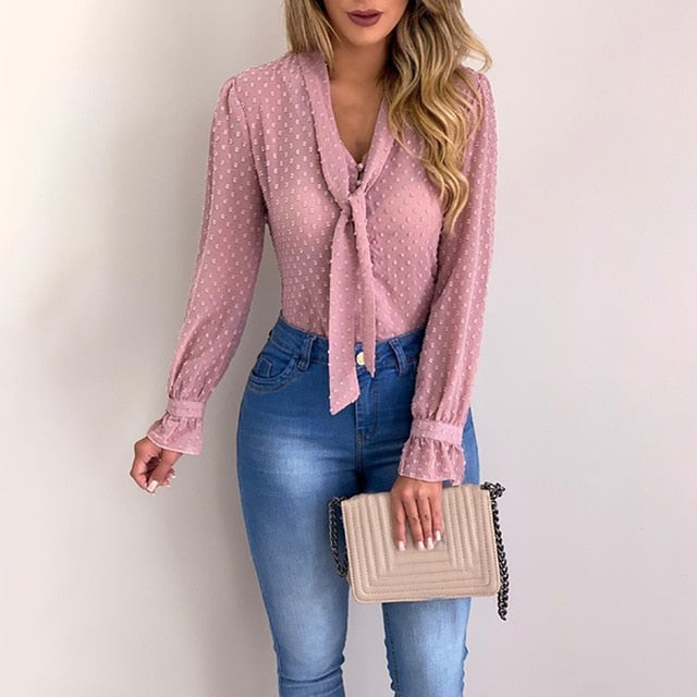 Elegant Chiffon Long Sleeve V-Neck Blouses