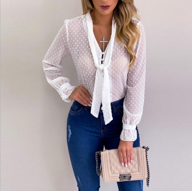Elegant Chiffon Long Sleeve V-Neck Blouses