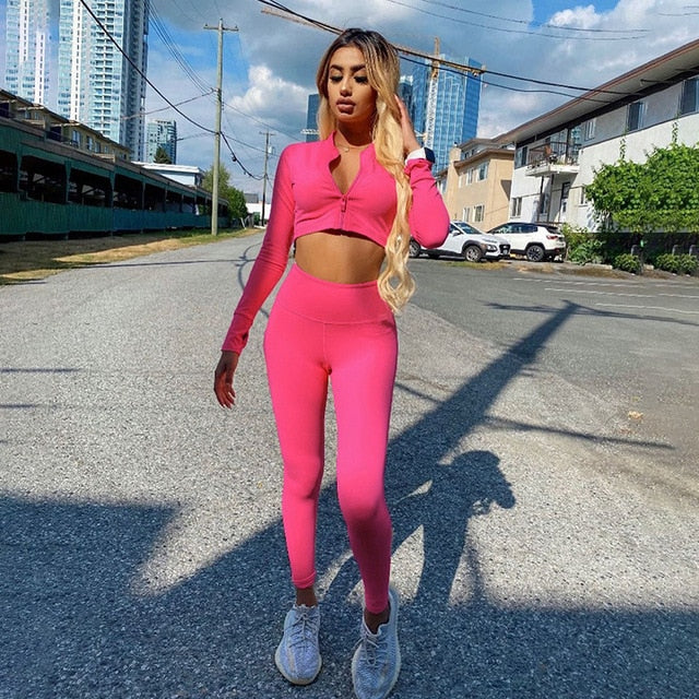 Two Piece Long Sleeve Crop Top  with Leggings Set