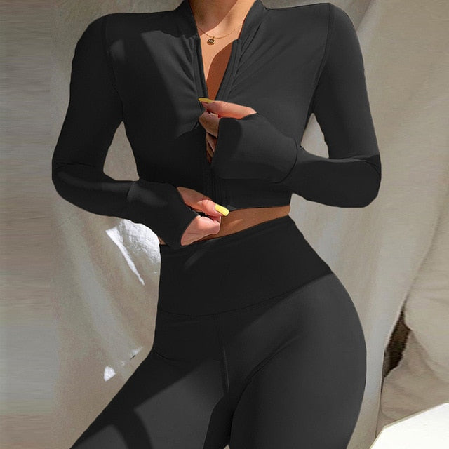 Two Piece Long Sleeve Crop Top  with Leggings Set