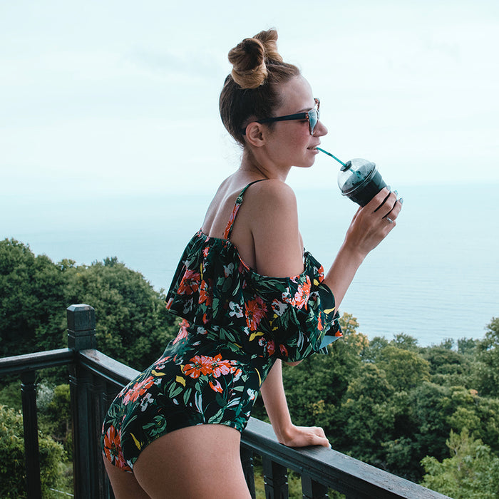 One Piece Green Floral Bathing Suit