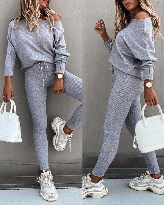 One Shoulder Long Sleeve Top & High Waist Drawstring Pants Set