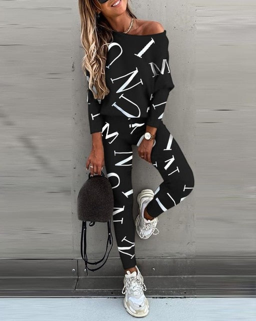 One Shoulder Long Sleeve Top & High Waist Drawstring Pants Set