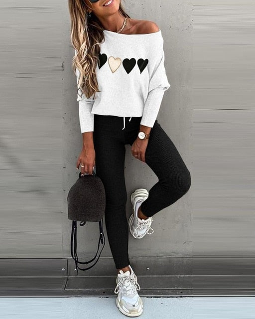 One Shoulder Long Sleeve Top & High Waist Drawstring Pants Set