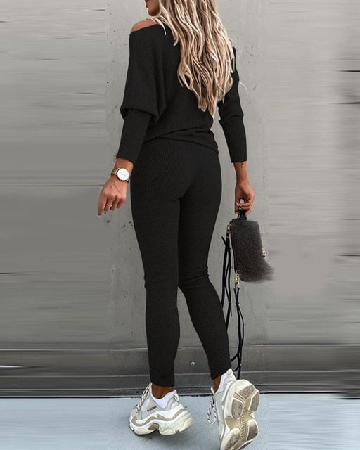 One Shoulder Long Sleeve Top & High Waist Drawstring Pants Set