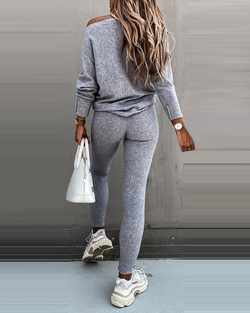 One Shoulder Long Sleeve Top & High Waist Drawstring Pants Set
