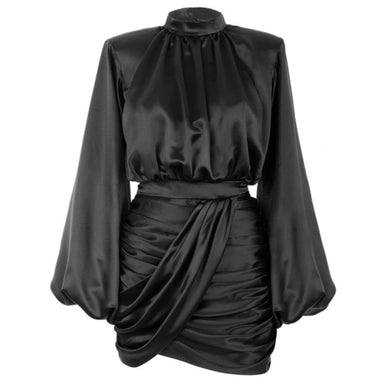 High Collar Sexy Hip Waist Pleated Mini Dress