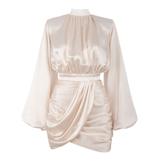 High Collar Sexy Hip Waist Pleated Mini Dress