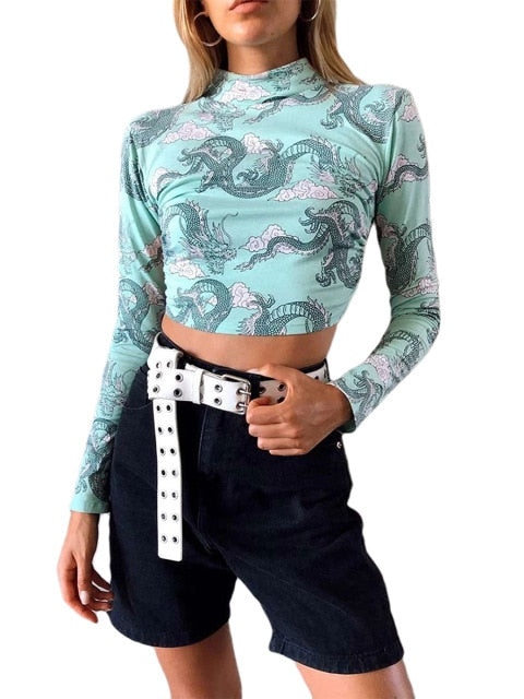 Dragon Pattern Print Crop T-shirts Tops Long Sleeve Backless Top