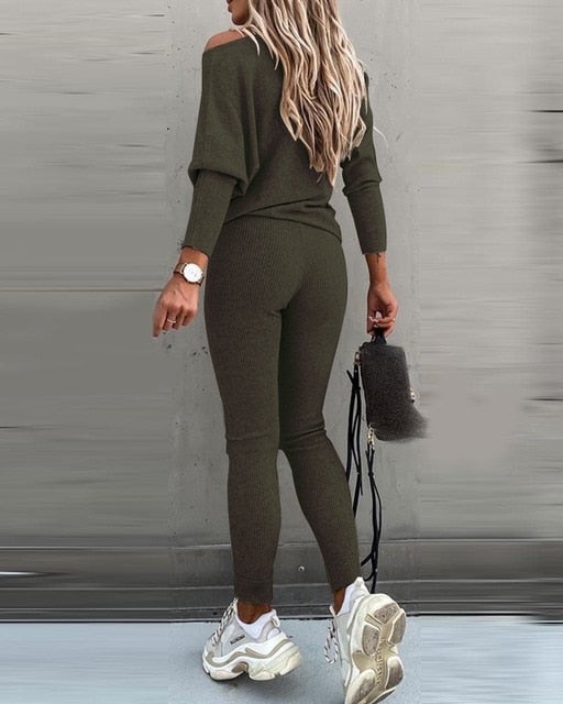 One Shoulder Long Sleeve Top & High Waist Drawstring Pants Set