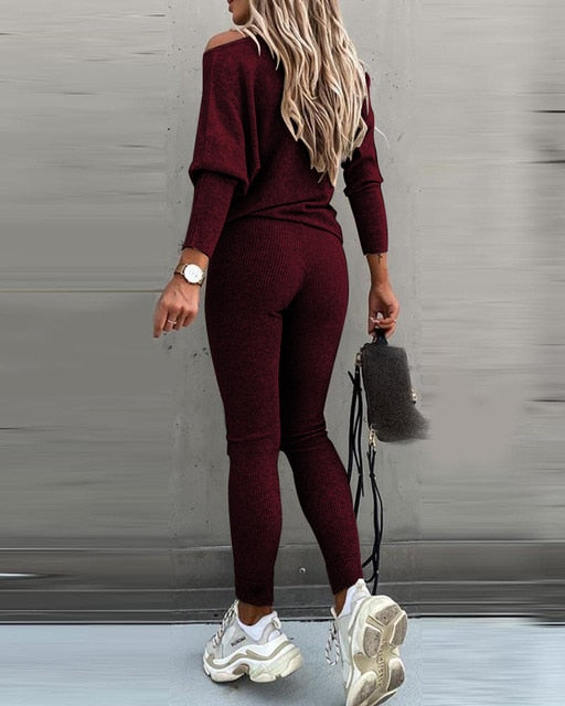 One Shoulder Long Sleeve Top & High Waist Drawstring Pants Set