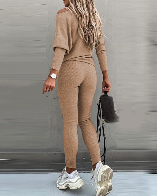 One Shoulder Long Sleeve Top & High Waist Drawstring Pants Set