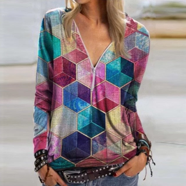 Casual Elegant V Neck Zipper Blouse