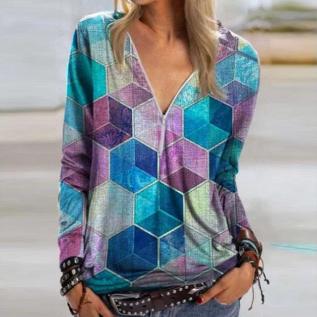 Casual Elegant V Neck Zipper Blouse