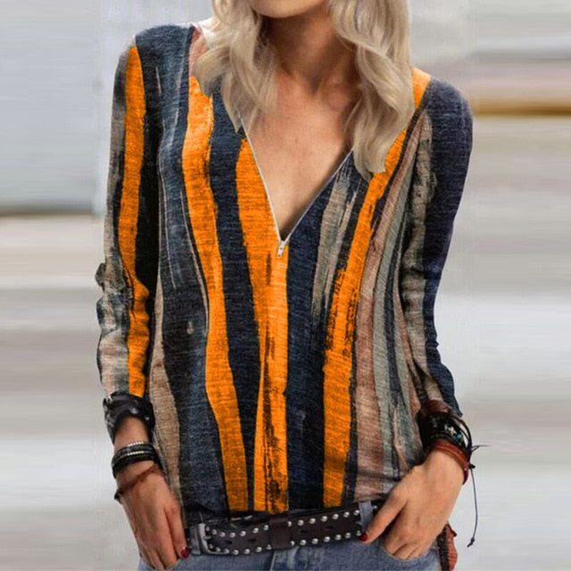 Casual Elegant V Neck Zipper Blouse