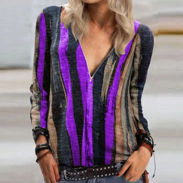 Casual Elegant V Neck Zipper Blouse