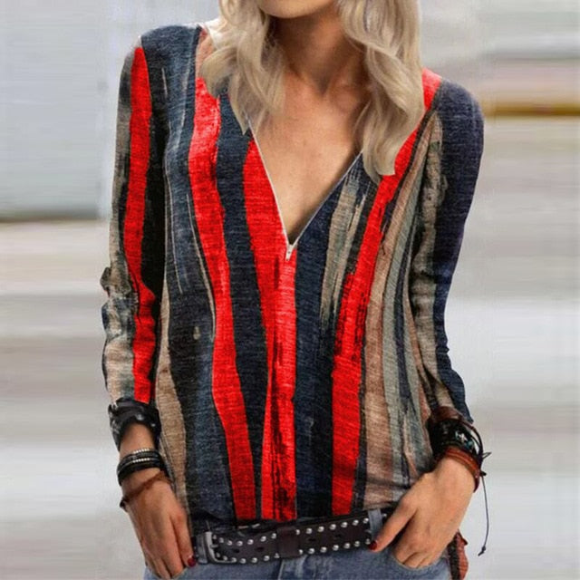 Casual Elegant V Neck Zipper Blouse
