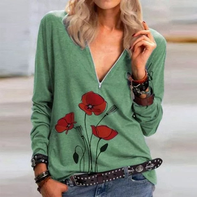 Casual Elegant V Neck Zipper Blouse