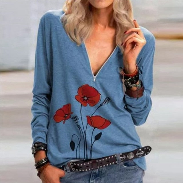 Casual Elegant V Neck Zipper Blouse