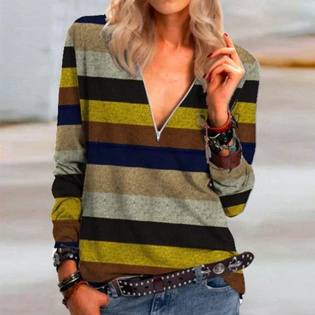 Casual Elegant V Neck Zipper Blouse