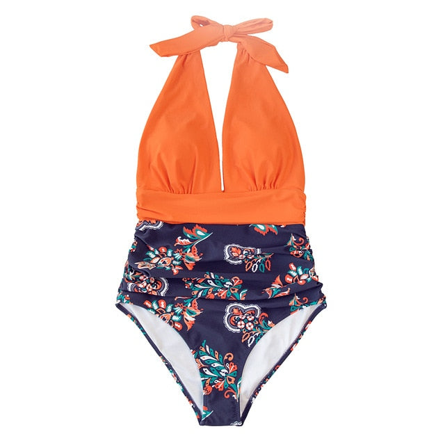 Navy Floral Deep V-neck Halter One-Piece Swimsuit
