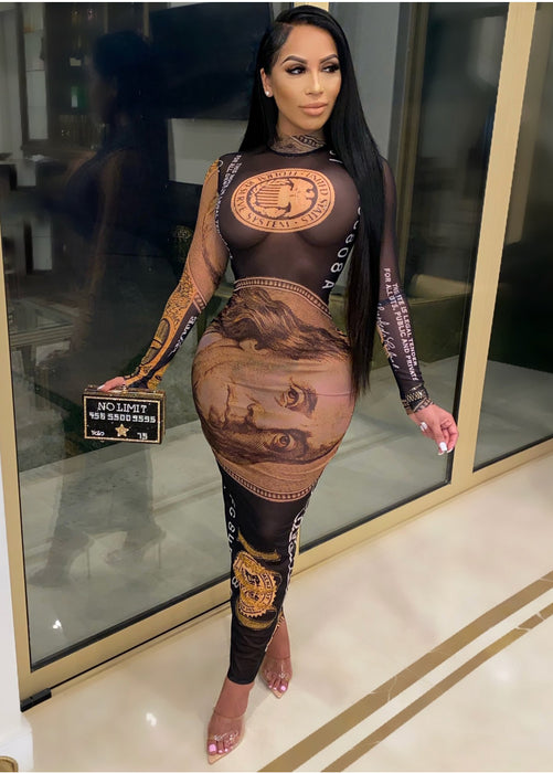 Women Printed Mesh Dress Long Sleeve Dress