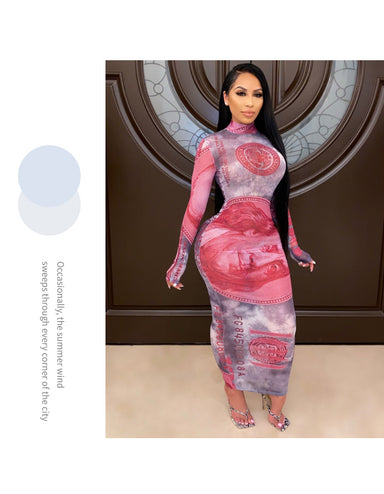 Women Printed Mesh Dress Long Sleeve Dress