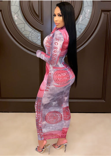 Women Printed Mesh Dress Long Sleeve Dress
