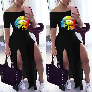 Sexy Lip Print Off The Shoulder Slash Neck Maxi Dress