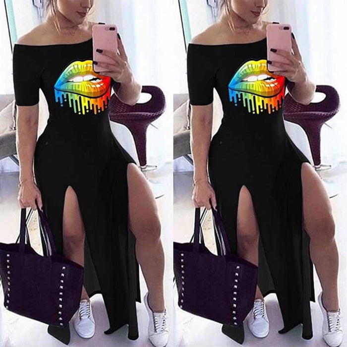 Sexy Lip Print Off The Shoulder Slash Neck Maxi Dress