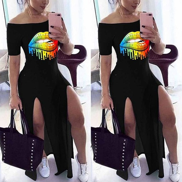 Sexy Lip Print Off The Shoulder Slash Neck Maxi Dress