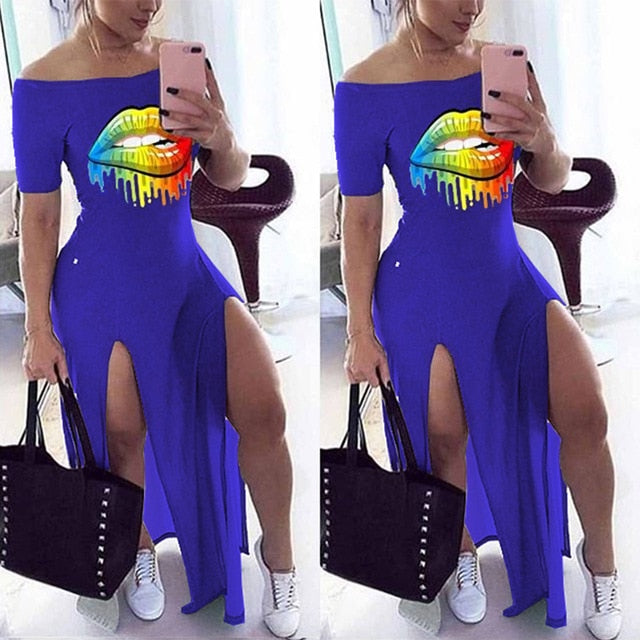 Sexy Lip Print Off The Shoulder Slash Neck Maxi Dress