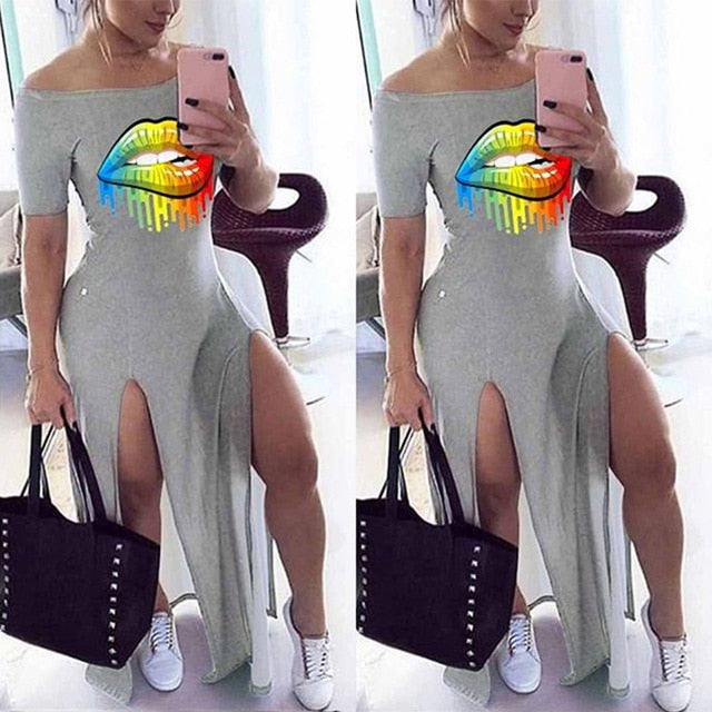 Sexy Lip Print Off The Shoulder Slash Neck Maxi Dress