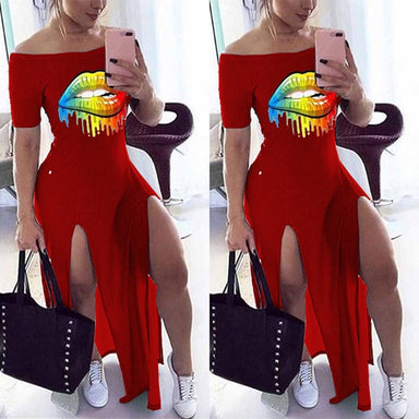 Sexy Lip Print Off The Shoulder Slash Neck Maxi Dress