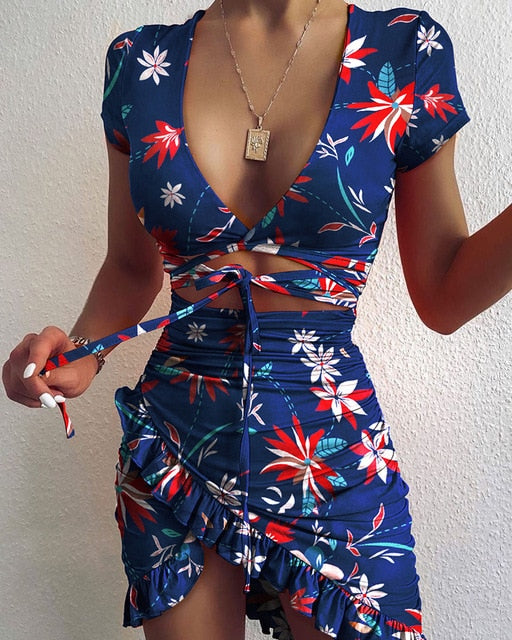 Floral Print Fashion Tie Up Wrap Mini Dress