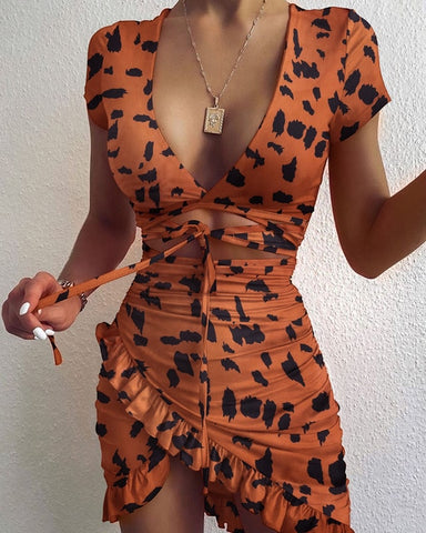 Floral Print Fashion Tie Up Wrap Mini Dress