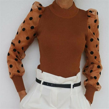 Knitted Polka Dot Puff Long Sleeve Blouse