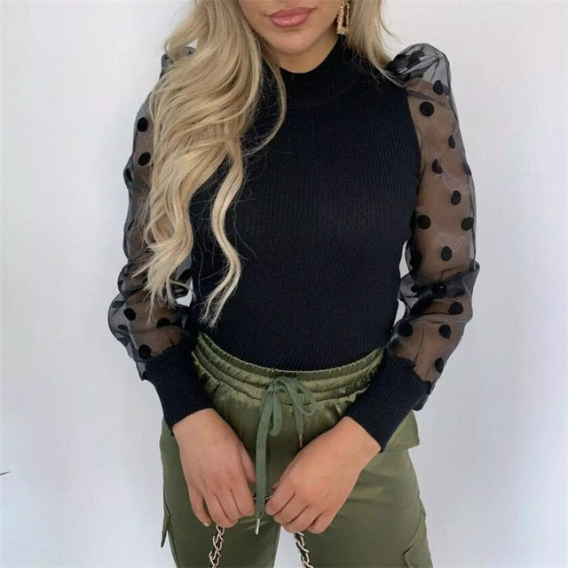 Knitted Polka Dot Puff Long Sleeve Blouse