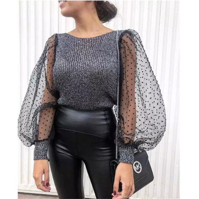 Knitted Polka Dot Puff Long Sleeve Blouse