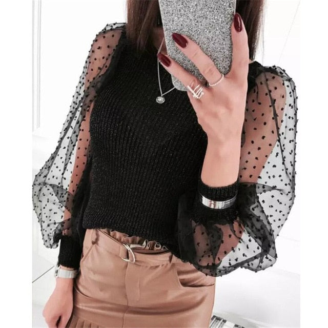 Knitted Polka Dot Puff Long Sleeve Blouse