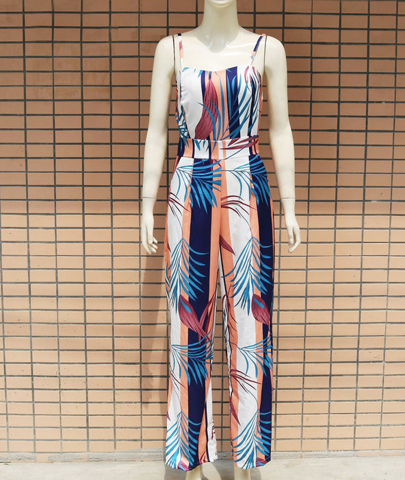 Spaghetti Strap Leaf Print Jumpsuit