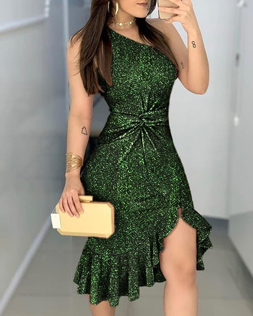New Glitter One Shoulder Twisted Ruffled Dress