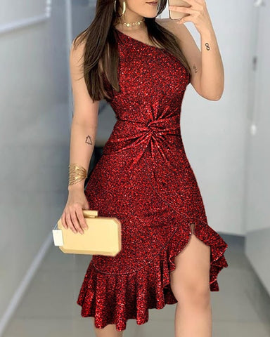 New Glitter One Shoulder Twisted Ruffled Dress