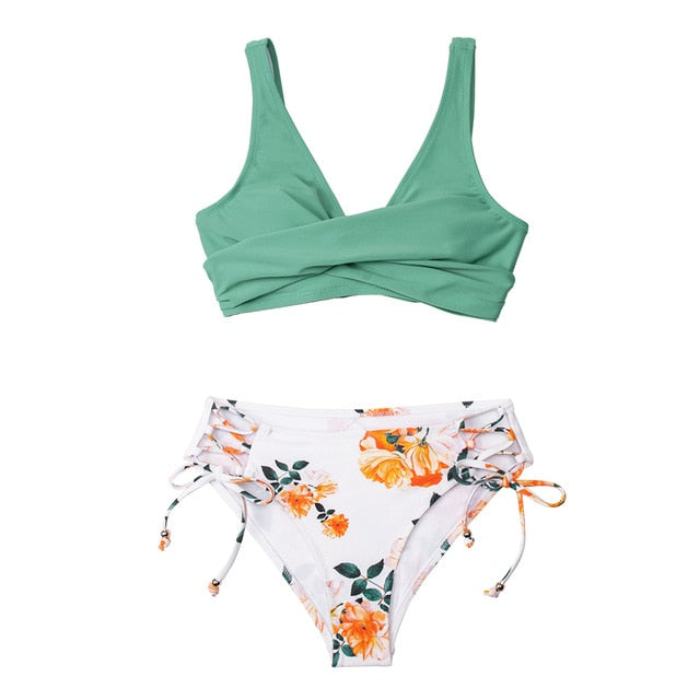Yellow And Lemon Print Mid-Waist Bikini Swimsuit Lace Up Two Pieces Swimwear 2021 New Beach Bathing Suit